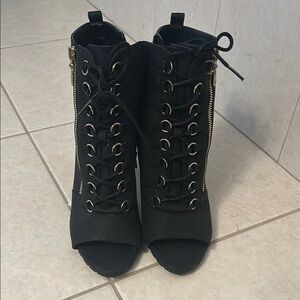 Black Lace Up Boots with Open Toe Design and High Heel